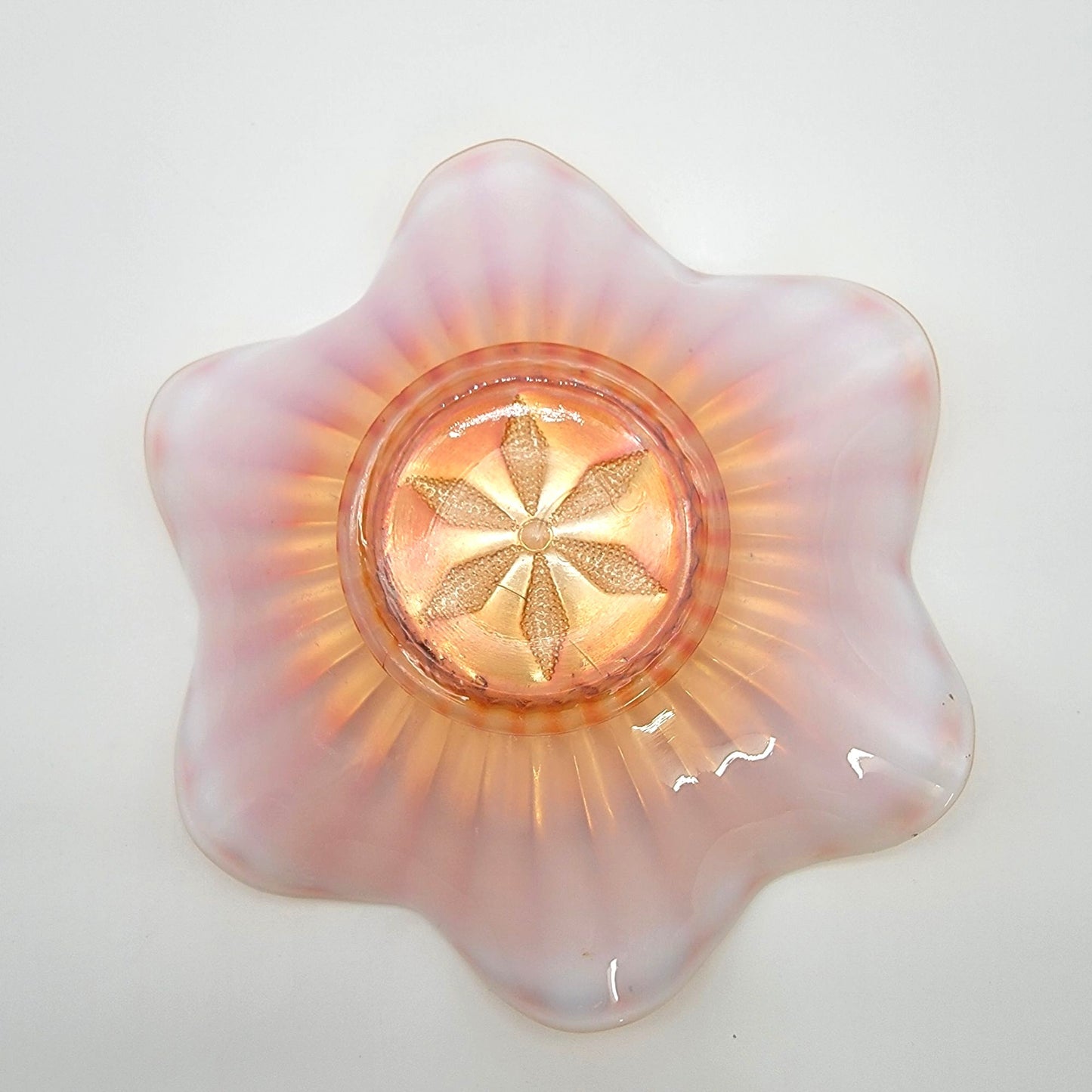 Antique Dugan Cosmos Varient Carnival Glass Peach Opalescent Bowl