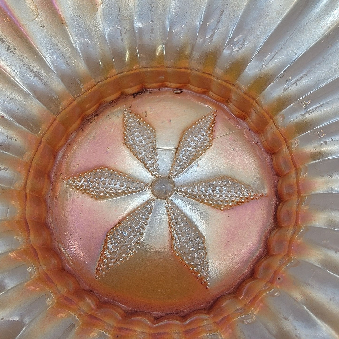 Antique Dugan Cosmos Varient Carnival Glass Peach Opalescent Bowl