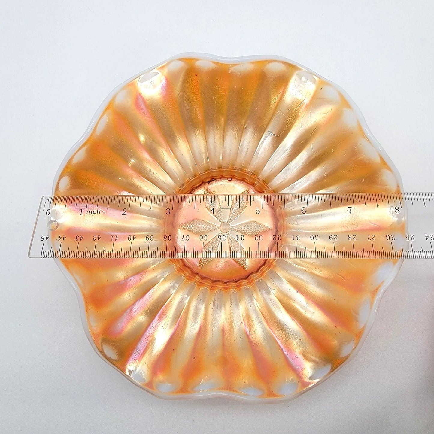 Antique Dugan Cosmos Varient Carnival Glass Peach Opalescent Bowl