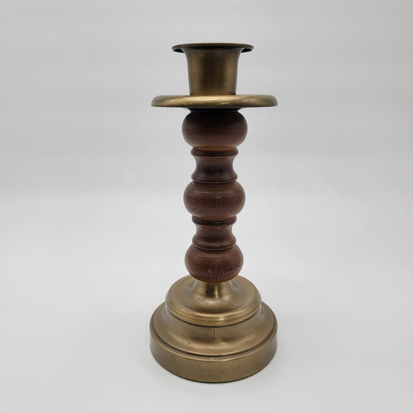 Vintage 1980s Brass & Wood Candle Holder