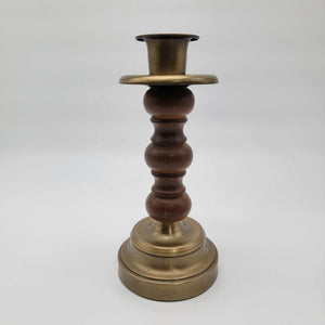 Vintage 1980s Brass & Wood Candle Holder