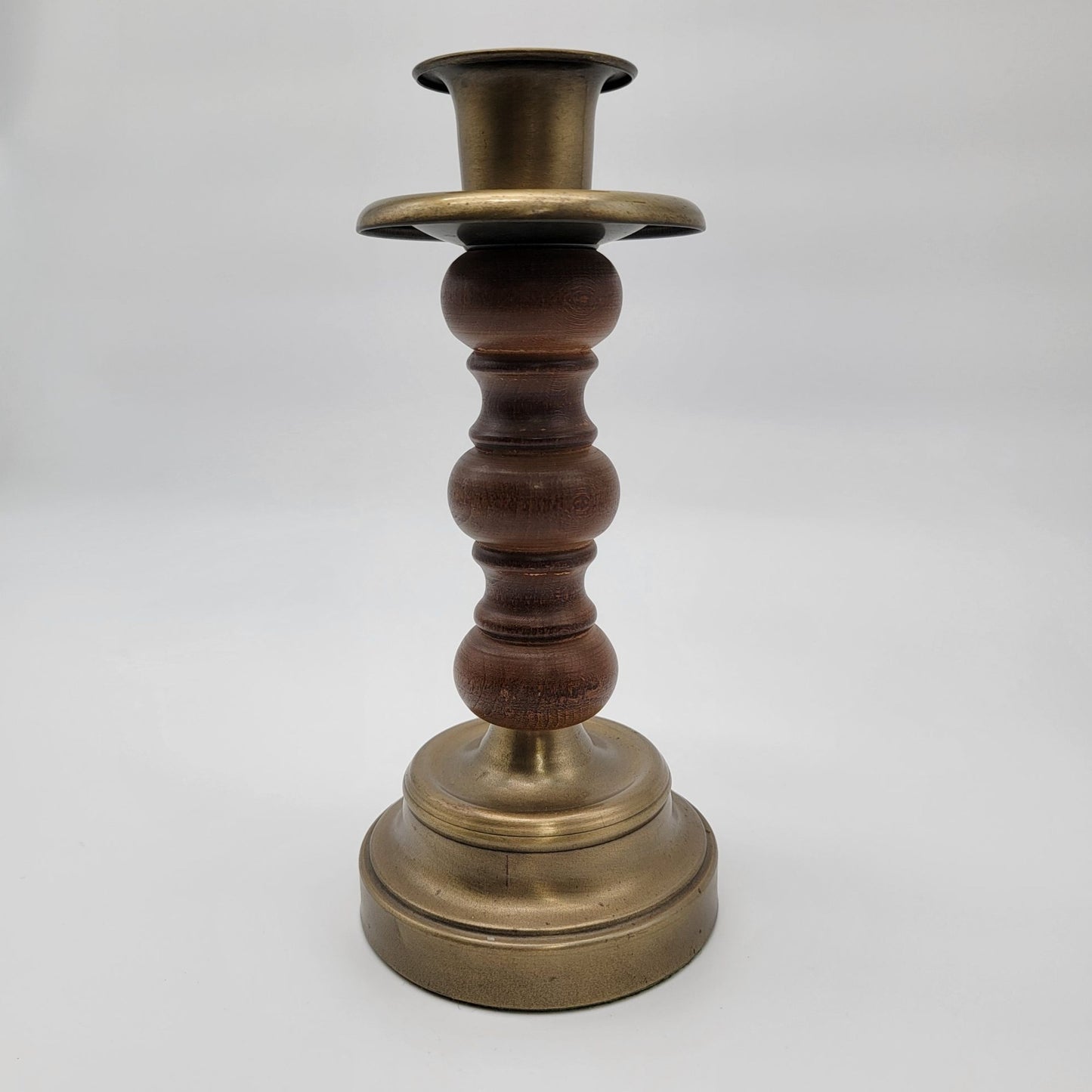 Vintage 1980s Brass & Wood Candle Holder
