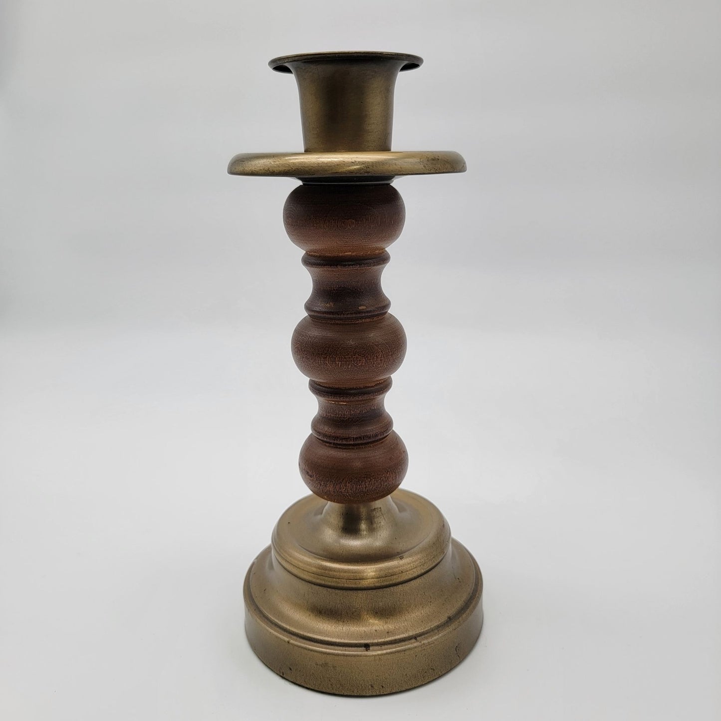 Vintage 1980s Brass & Wood Candle Holder