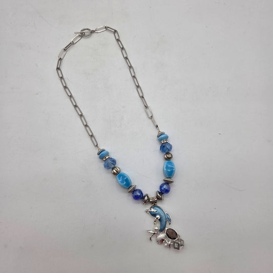 OOAK Handmade Blue Enamel Dolphin Pendant Necklace With Crystal & Clay Beads