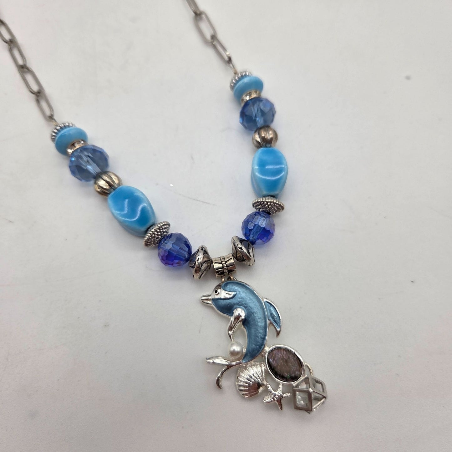 OOAK Handmade Blue Enamel Dolphin Pendant Necklace With Crystal & Clay Beads