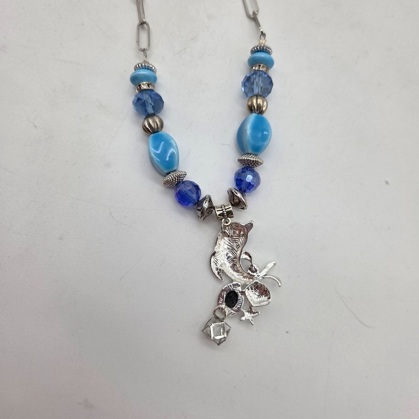 OOAK Handmade Blue Enamel Dolphin Pendant Necklace With Crystal & Clay Beads