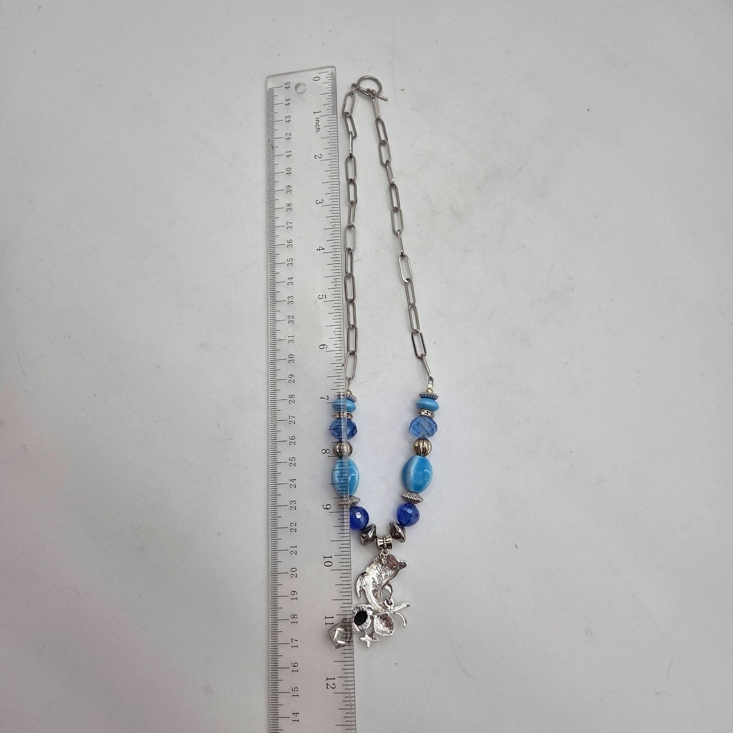 OOAK Handmade Blue Enamel Dolphin Pendant Necklace With Crystal & Clay Beads