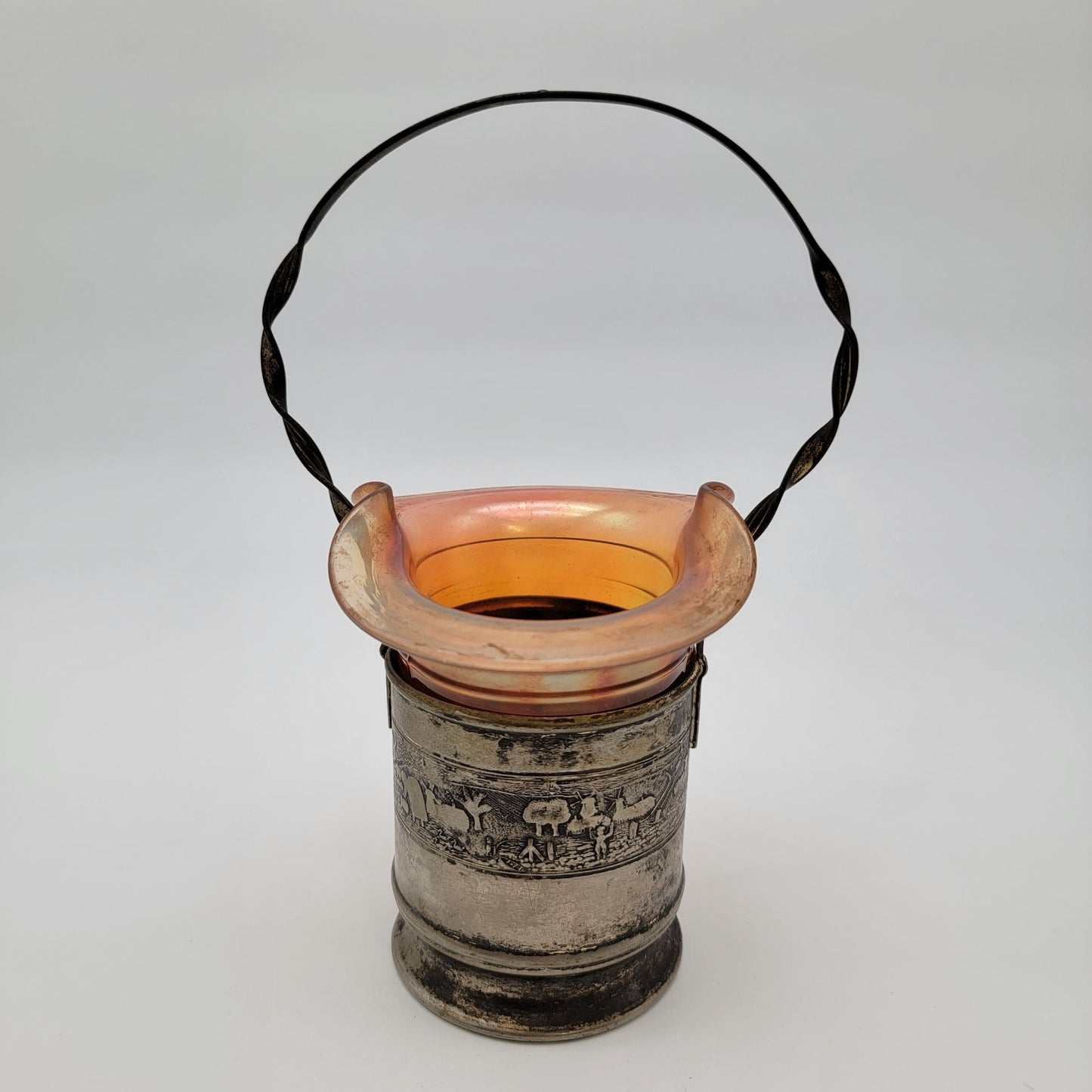 Antique Marigold Carnival Glass In Jenning Silver Co Basket With Farming Scene