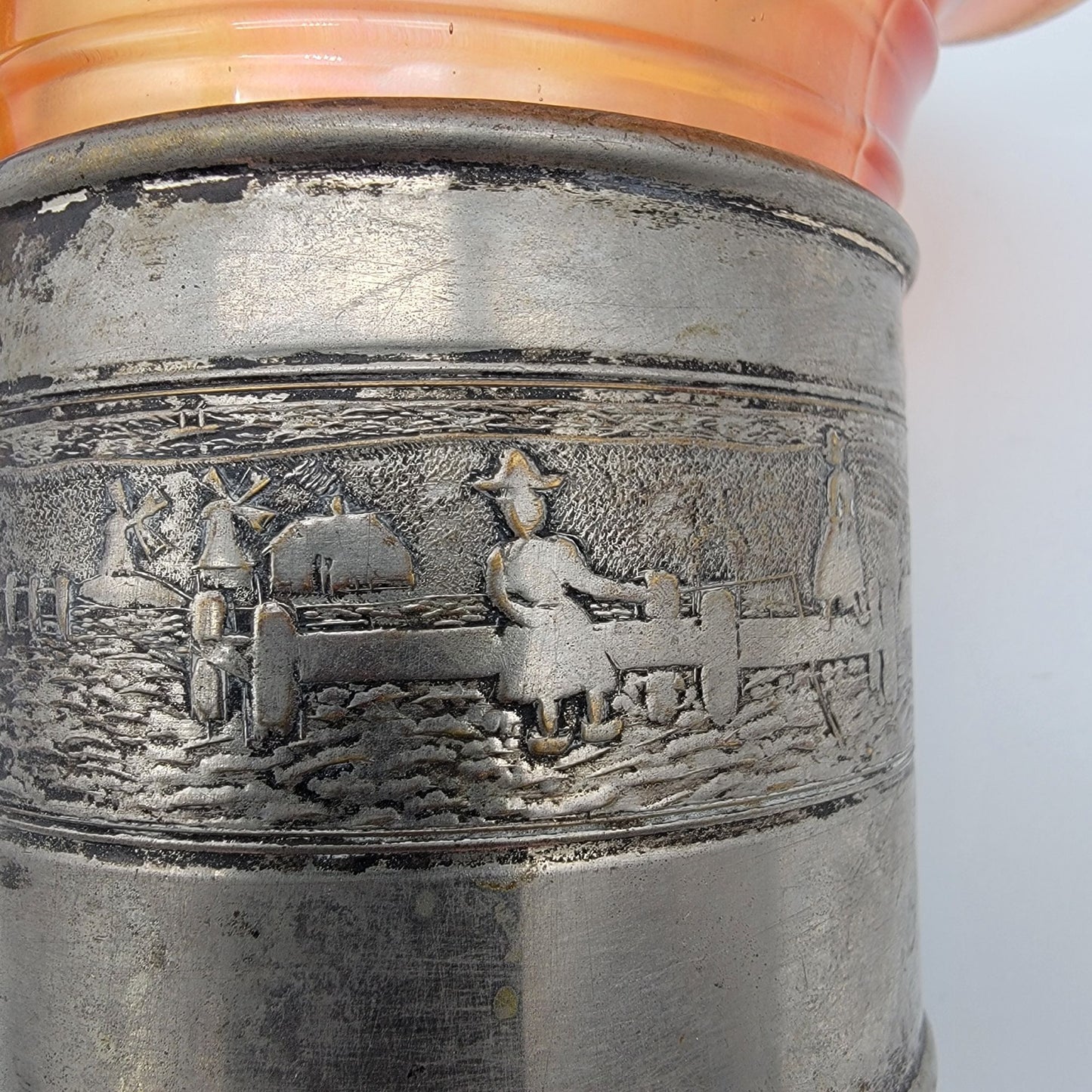 Antique Marigold Carnival Glass In Jenning Silver Co Basket With Farming Scene