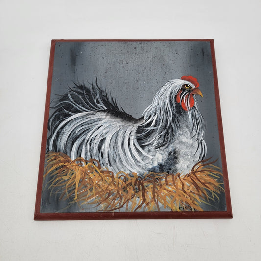 Hand-Painted Chicken Rooster In Nest Wooden Wall Art 10"x10"