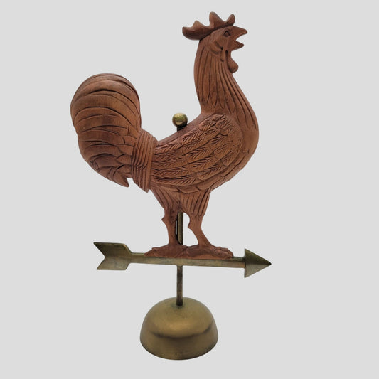 Carved Wooden Rooster On Brass Tabletop Weather Vane