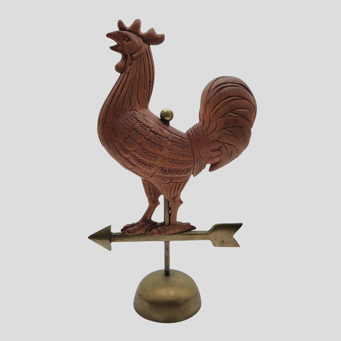 Carved Wooden Rooster On Brass Tabletop Weather Vane