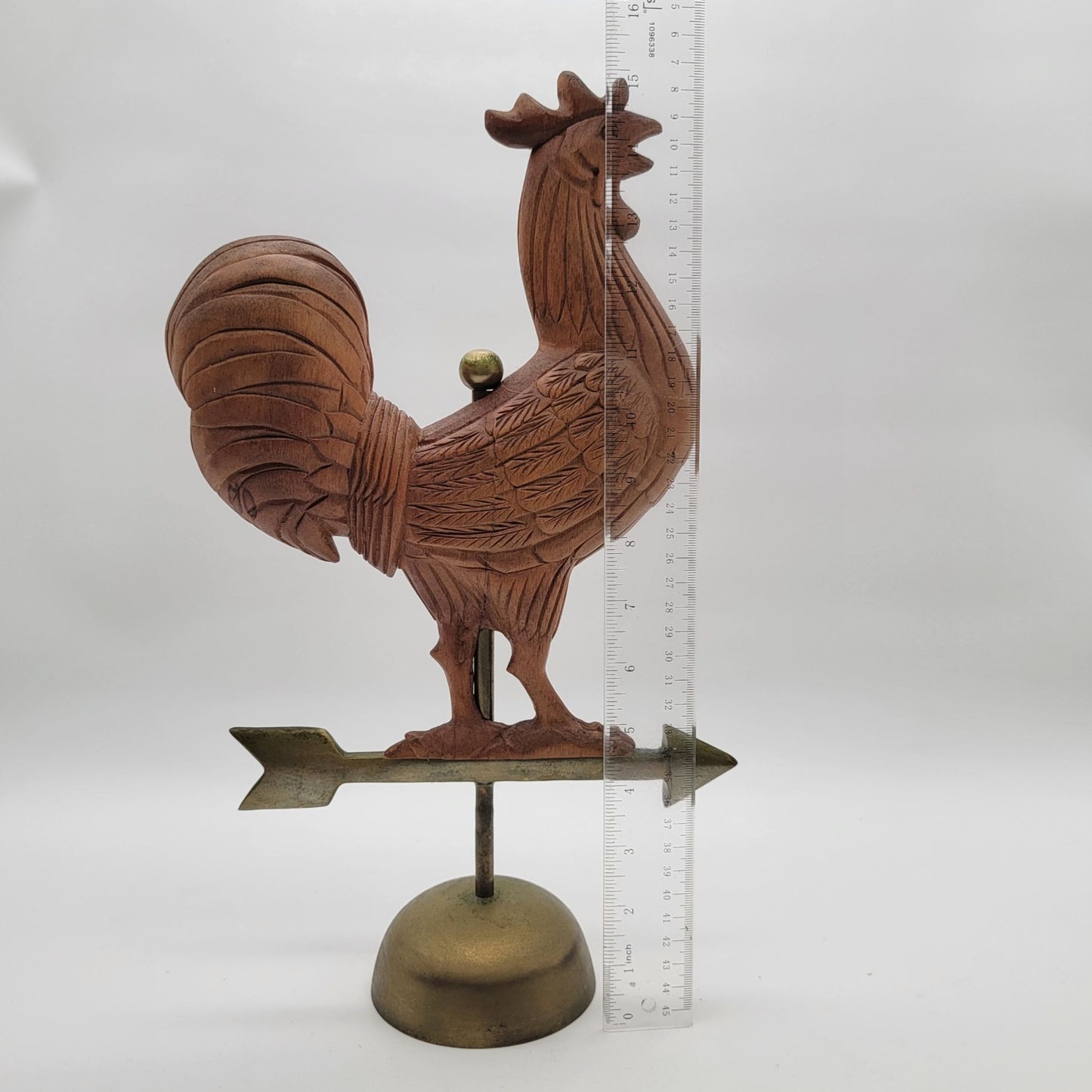 Carved Wooden Rooster On Brass Tabletop Weather Vane