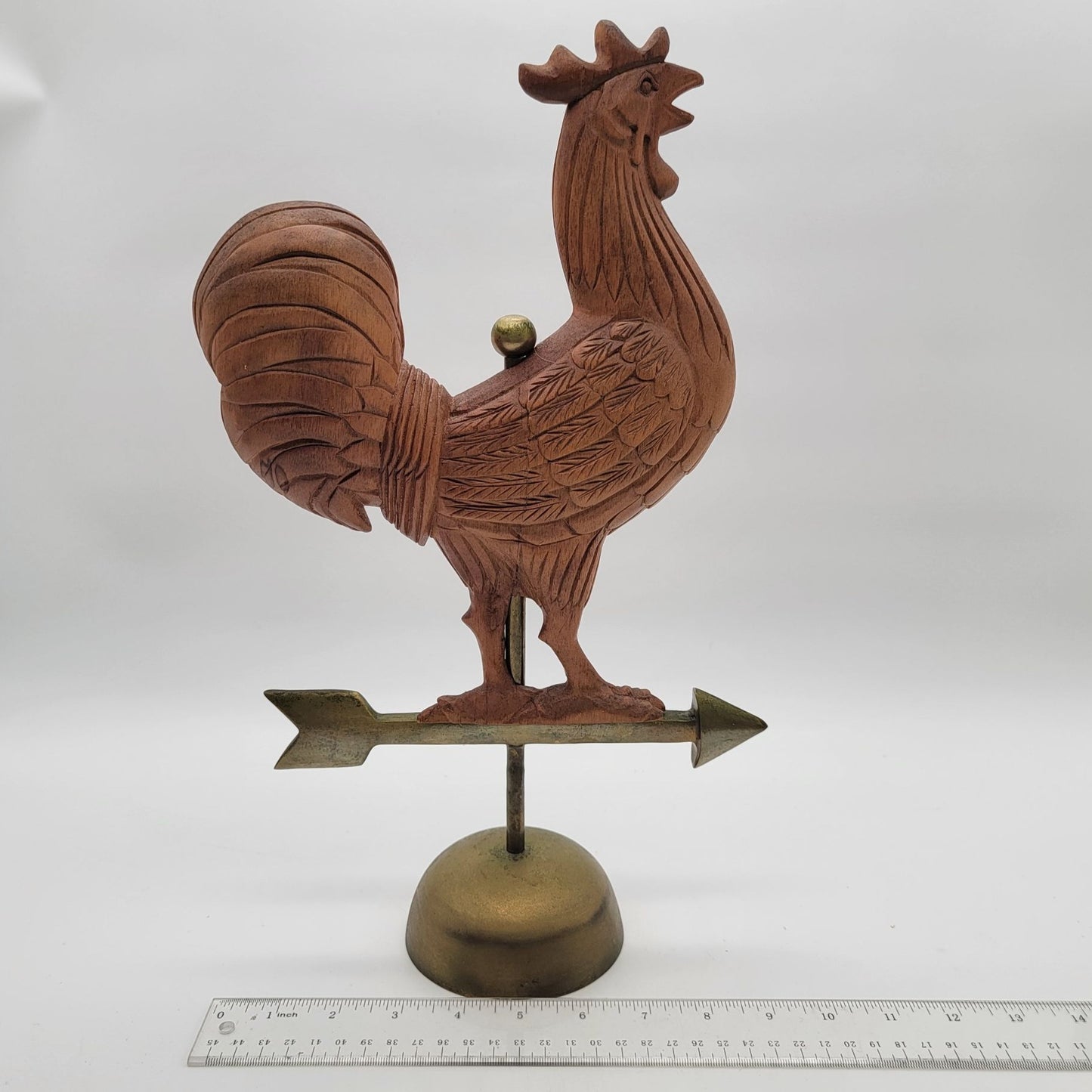 Carved Wooden Rooster On Brass Tabletop Weather Vane