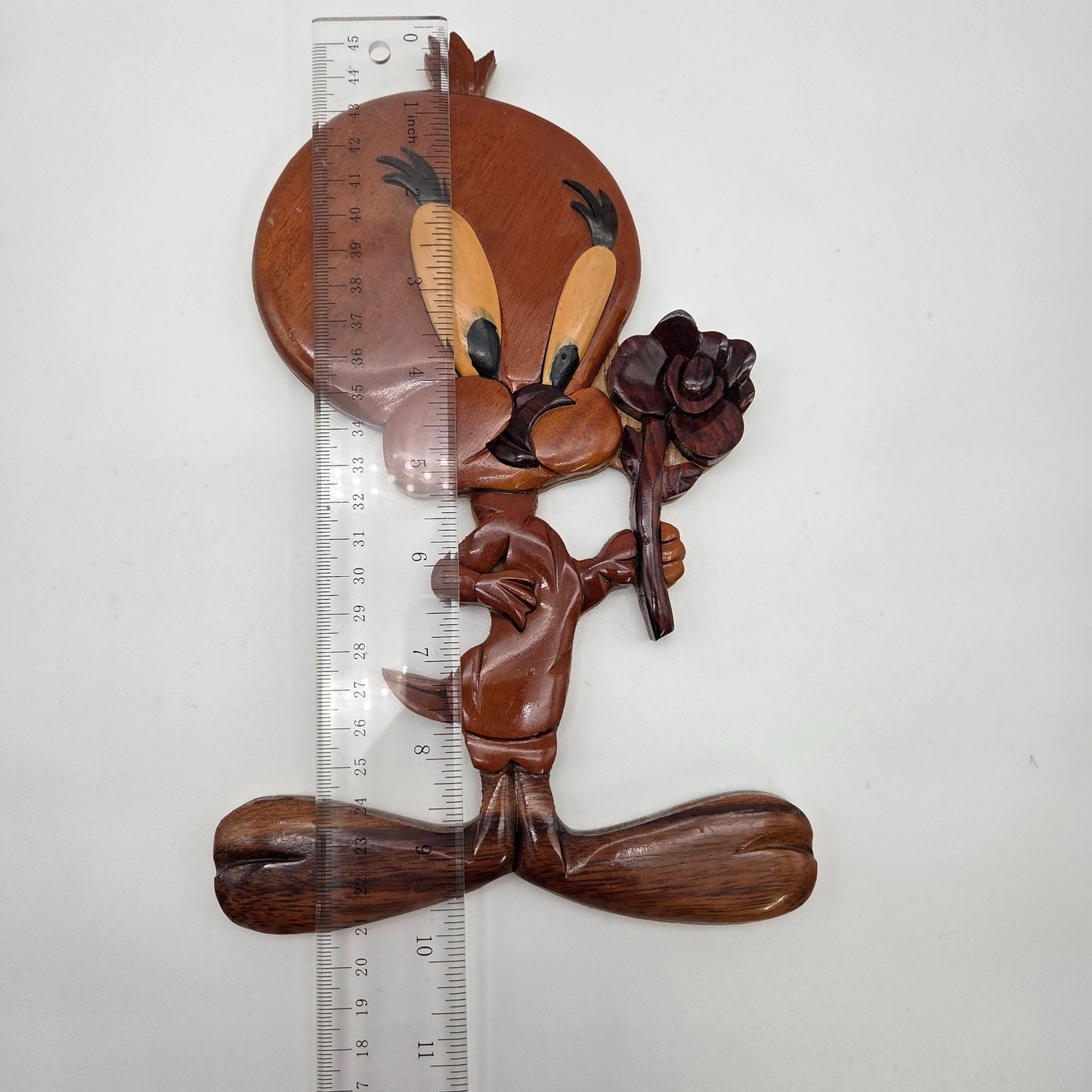 Handcrafted Intarsia Marquetry Wood Tweety Bird With Rose Wall Art
