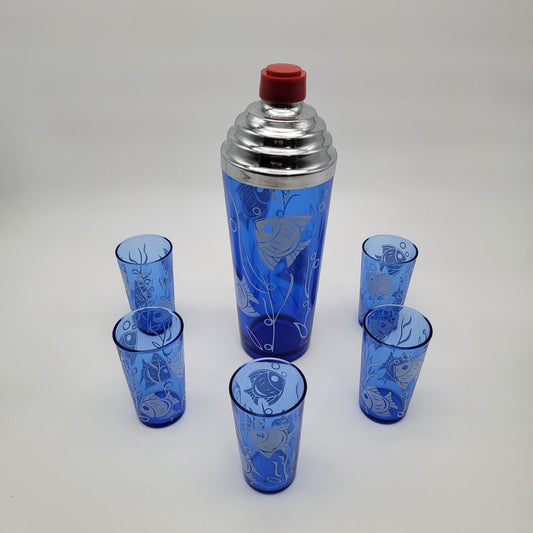 1930s Hazel Atlas Blue Glass Fish Cocktail Shaker Set of 5 Matching Glasses Sportsman Series