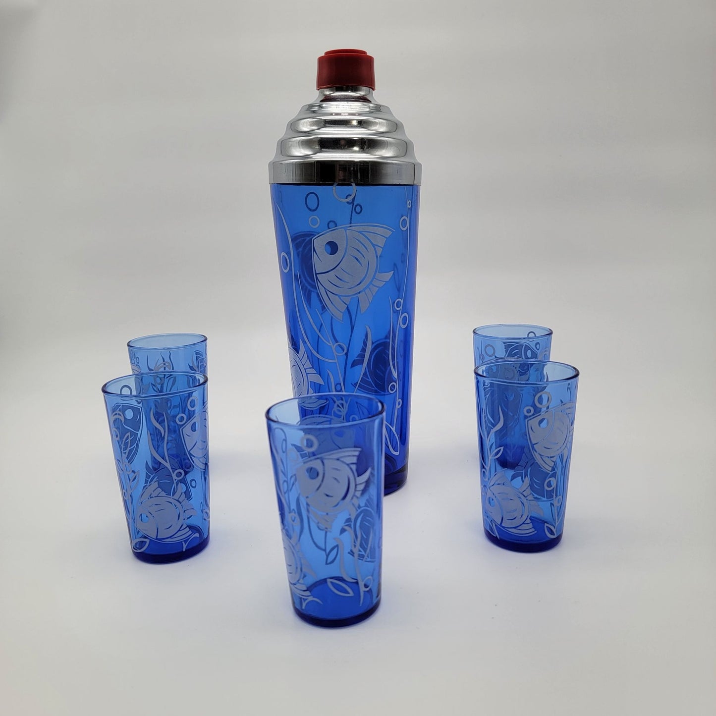 1930s Hazel Atlas Blue Glass Fish Cocktail Shaker Set of 5 Matching Glasses Sportsman Series