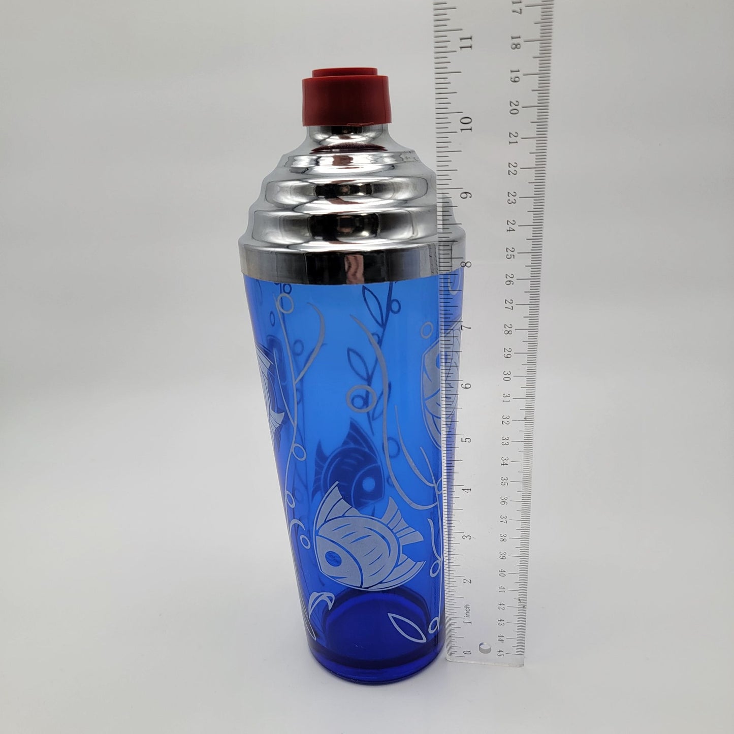 1930s Hazel Atlas Blue Glass Fish Cocktail Shaker Set of 5 Matching Glasses Sportsman Series