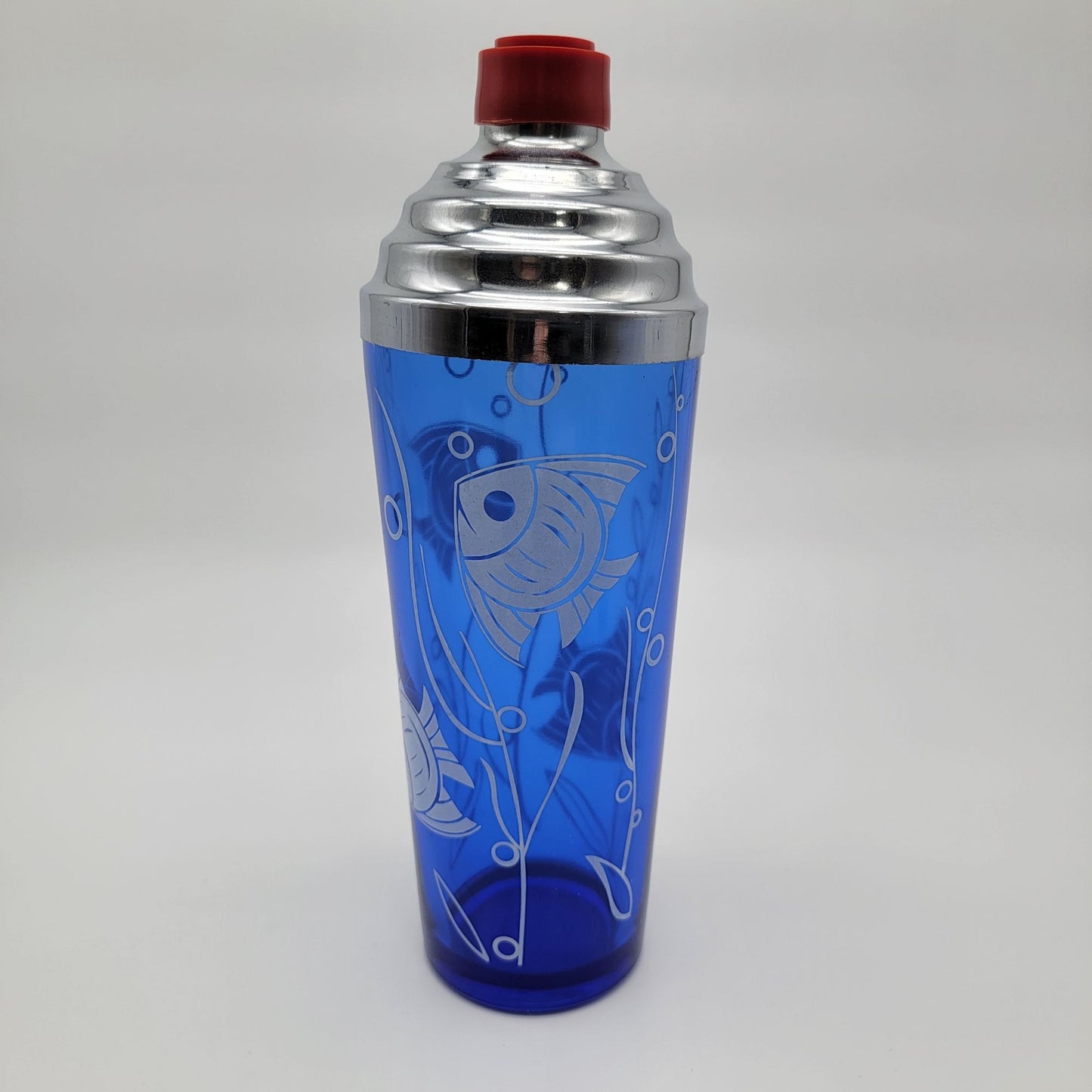 1930s Hazel Atlas Blue Glass Fish Cocktail Shaker Set of 5 Matching Glasses Sportsman Series