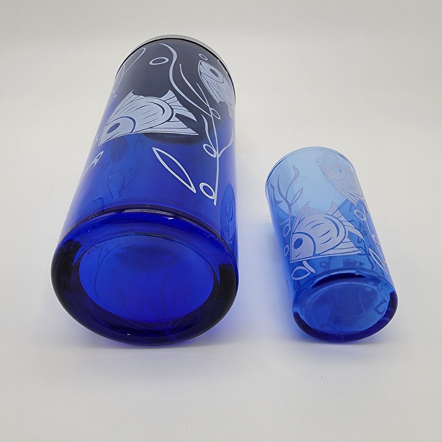 1930s Hazel Atlas Blue Glass Fish Cocktail Shaker Set of 5 Matching Glasses Sportsman Series