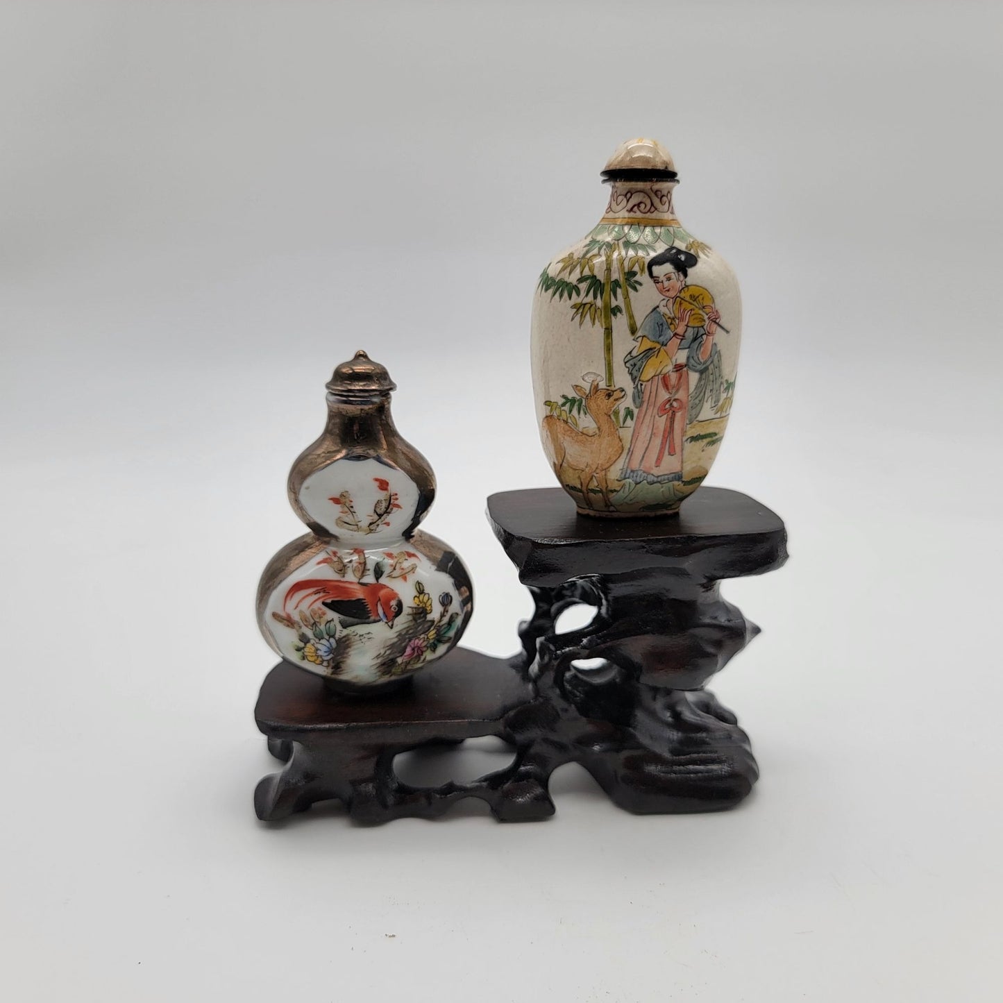 Pair Of Vintage Apocryphal Qianlong NianZhi Enameled Porcelain Snuff Bottles With Wood Stand