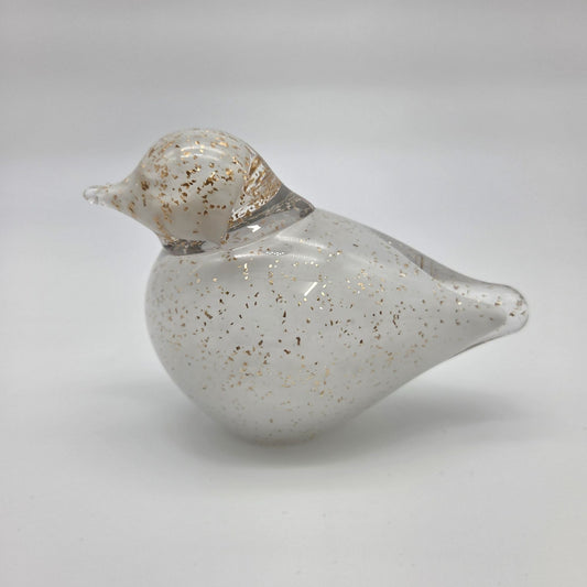 Art Glass Bird Sculpture With Aventurine Gold Flecks White