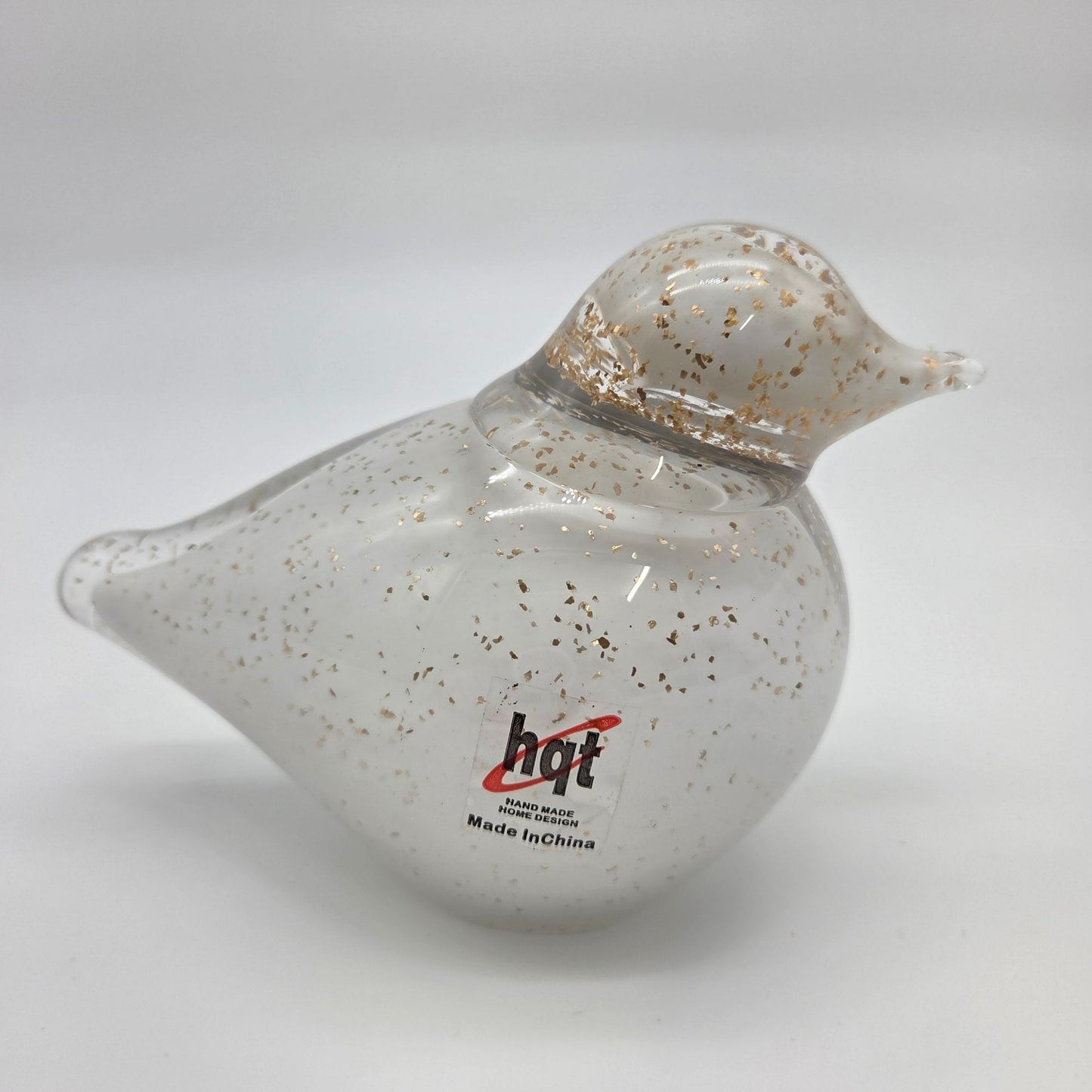 Art Glass Bird Sculpture With Aventurine Gold Flecks White