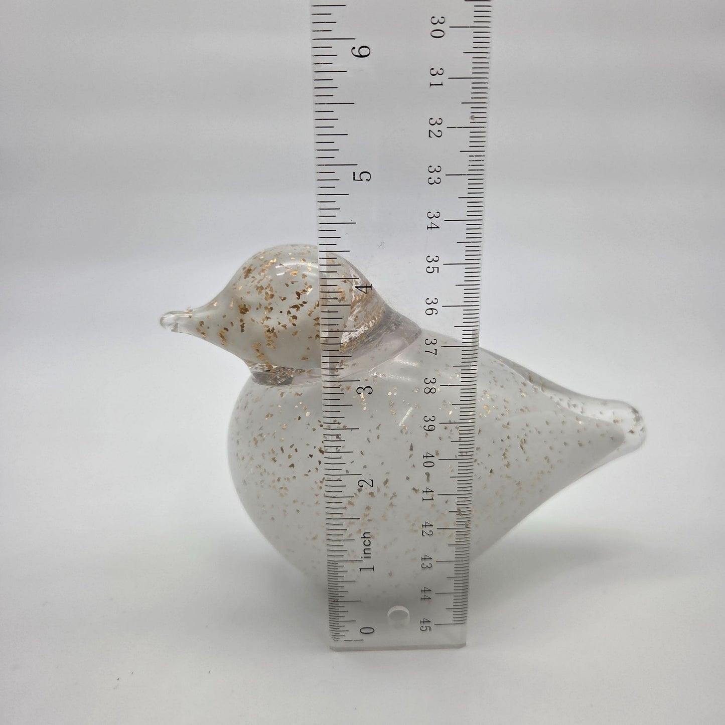 Art Glass Bird Sculpture With Aventurine Gold Flecks White