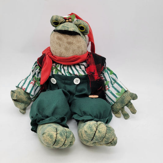Vintage Christmas Frog Doll With Red Plaid Cape & Santa Hat
