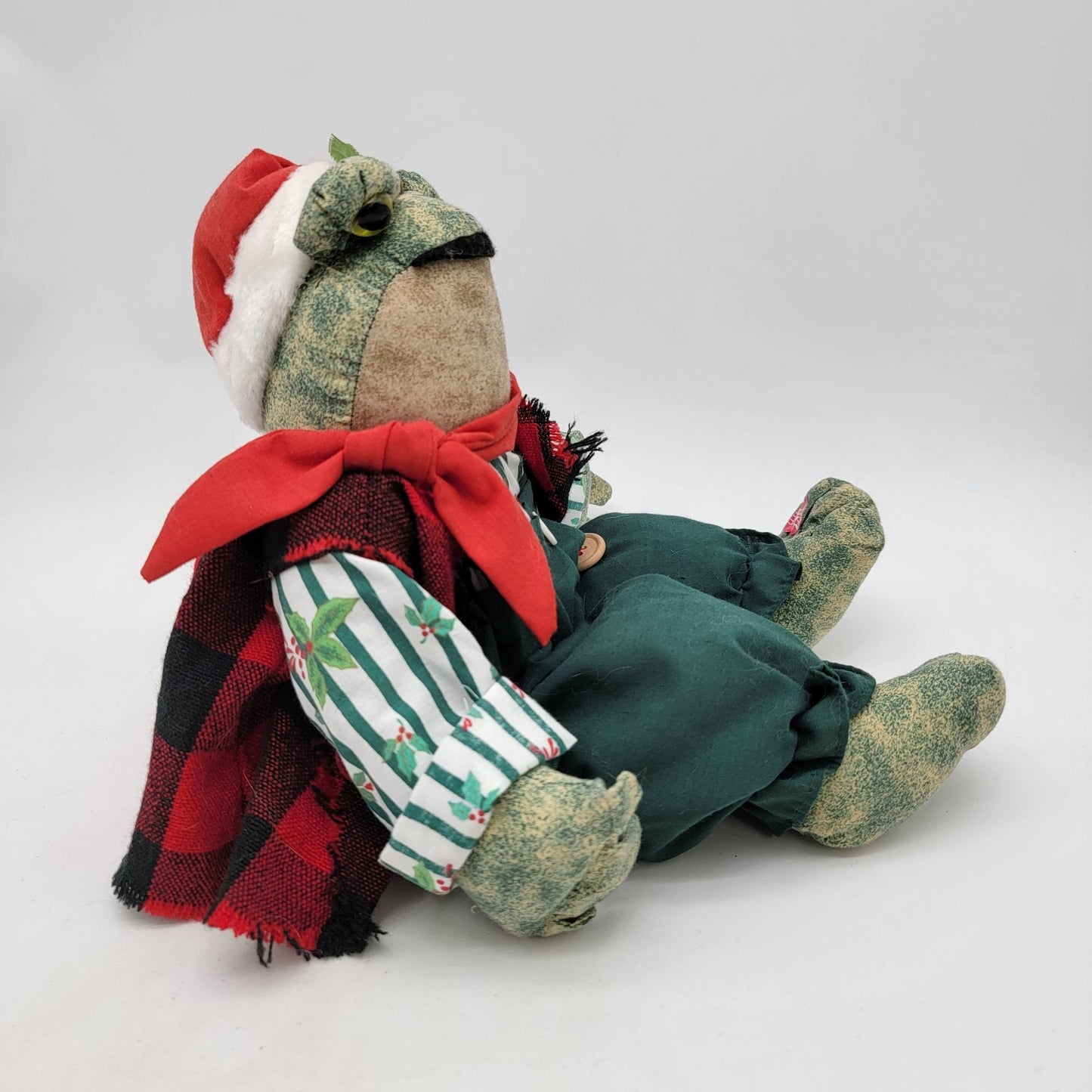 Vintage Christmas Frog Doll With Red Plaid Cape & Santa Hat