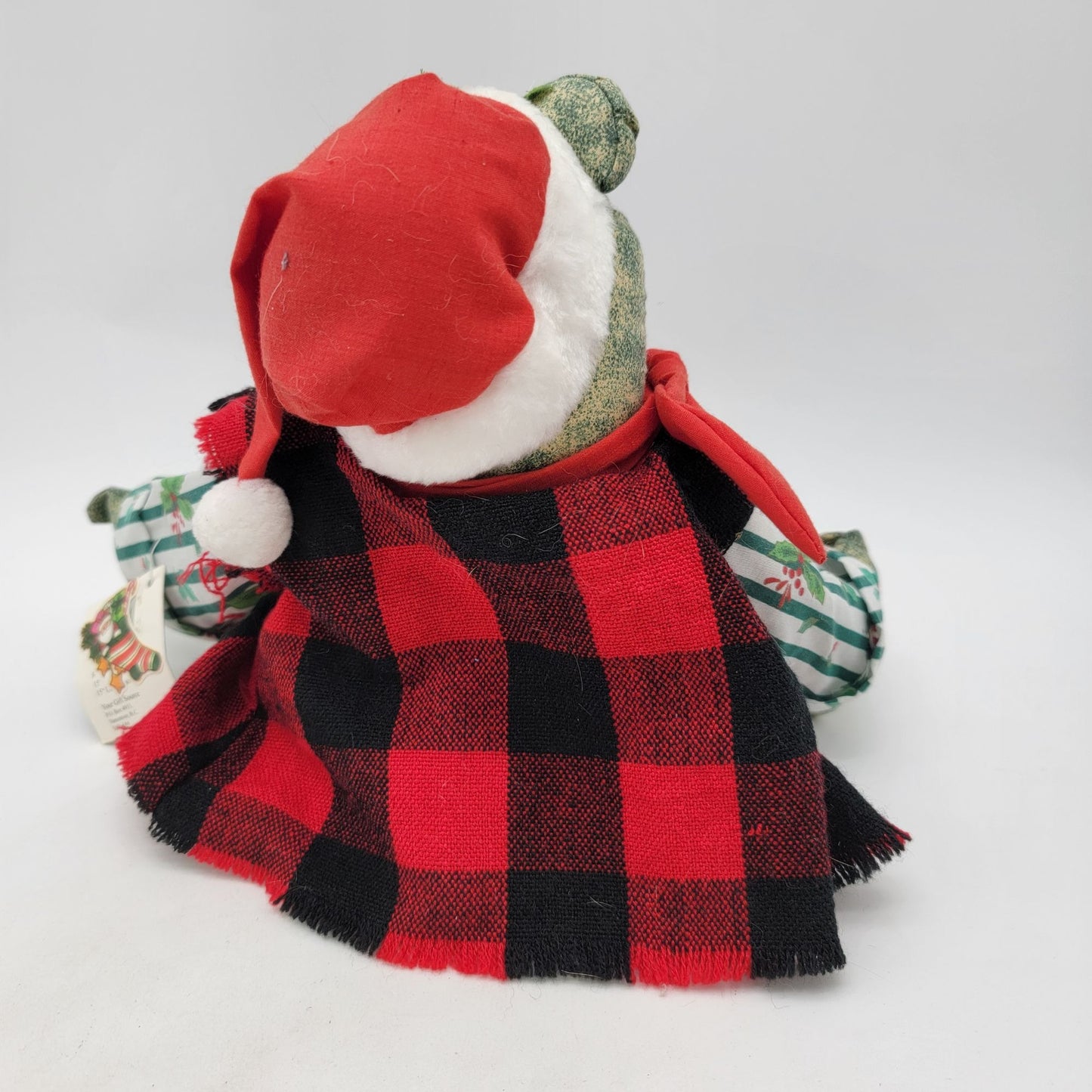 Vintage Christmas Frog Doll With Red Plaid Cape & Santa Hat
