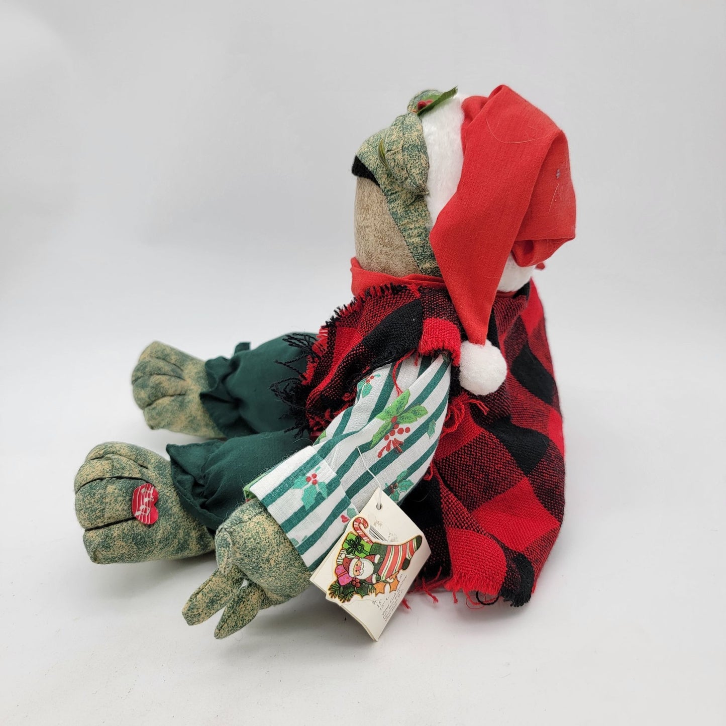 Vintage Christmas Frog Doll With Red Plaid Cape & Santa Hat