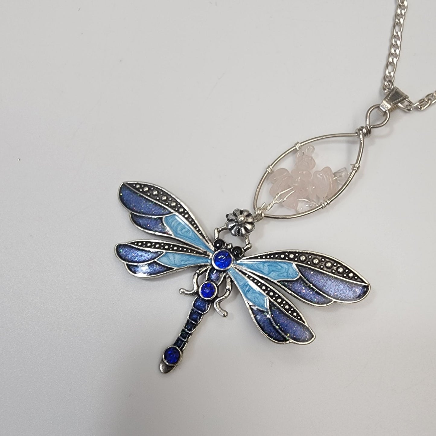 Artisan Enameled Dragonfly Pendant with Rose Quartz Tree Of Life Bale On Chain Necklace