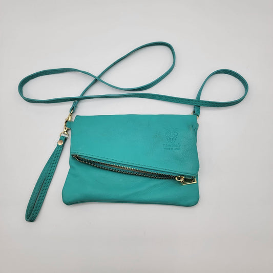 Vera Pella Italy Teal Leather Fold-Over Shoulder Purse With Wrist Strap