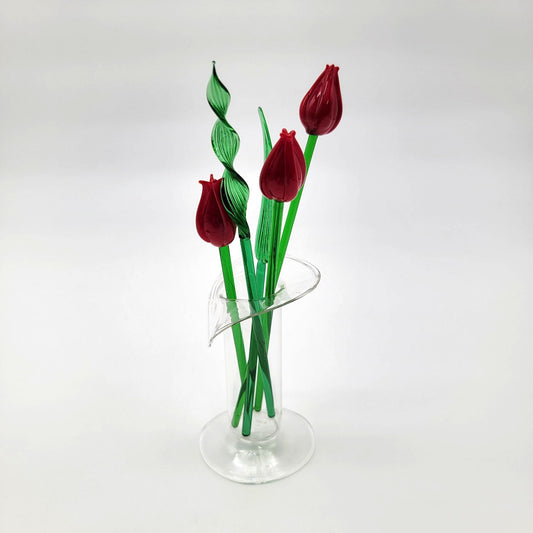 Miniature Hand-Blown Art Glass Tulips & Leaves in Jack-In-the-Pulpit Vase