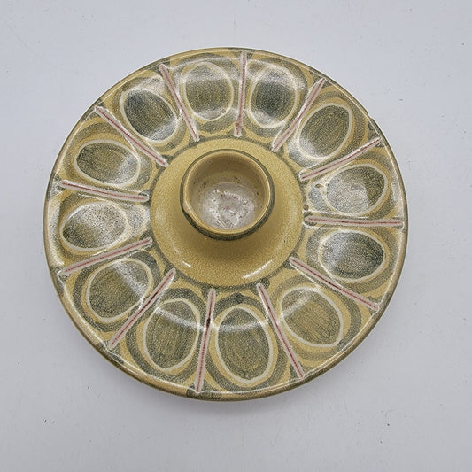 Karen Margrethe Karberg KMK Pottery Candlestick Fajance Glaze Geometric Olive Green  AS FOUND