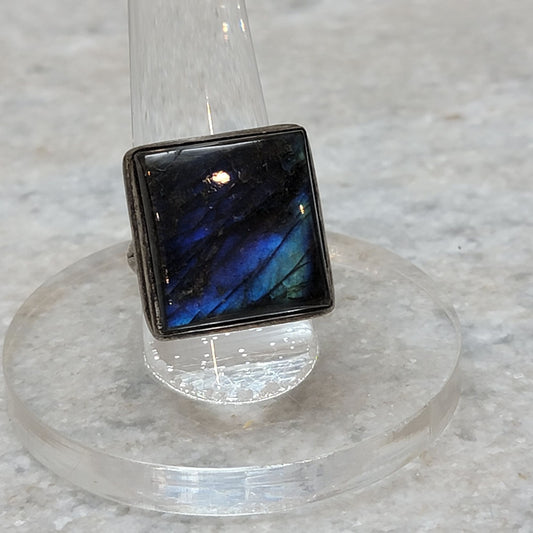 Sterling Silver Labradorite Square Statement Ring Size 6.75
