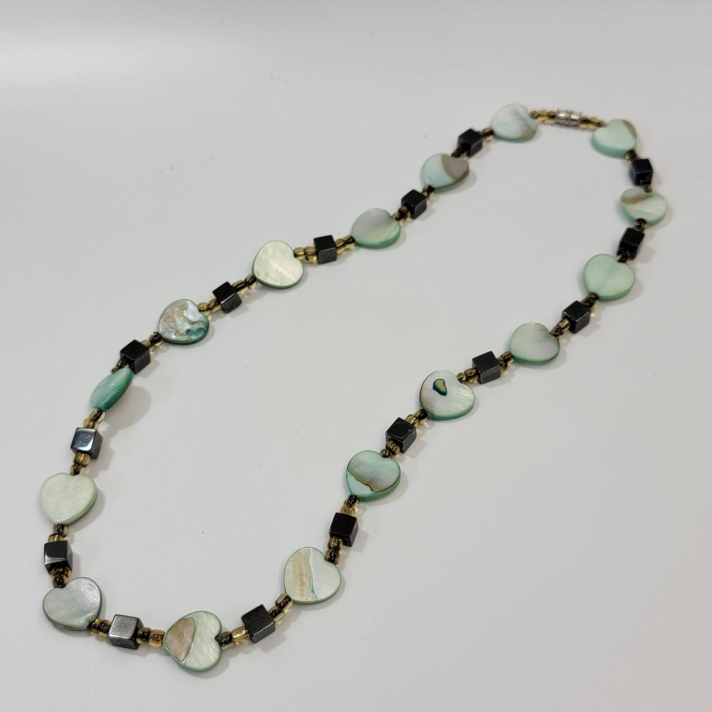 Mother Of Pearl Hearts & Hematite Cubes Beaded Necklace