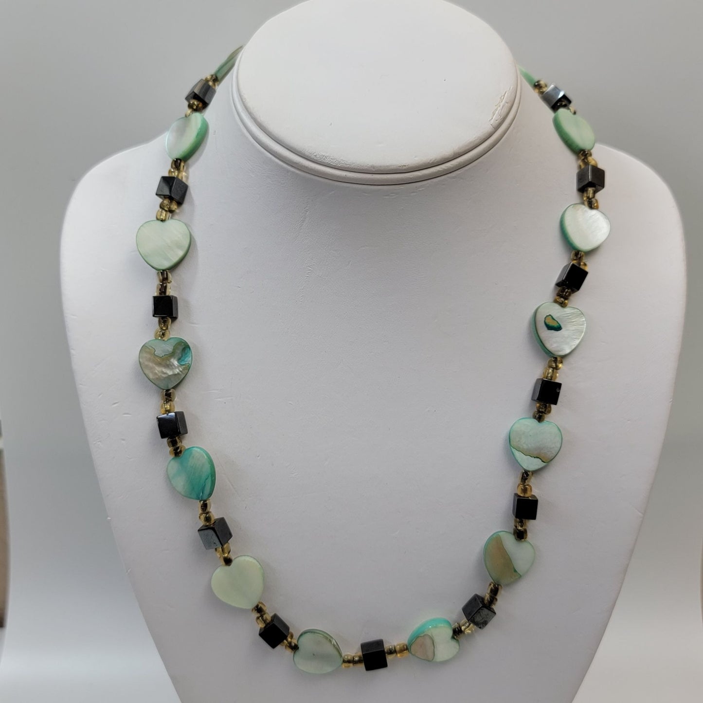 Mother Of Pearl Hearts & Hematite Cubes Beaded Necklace