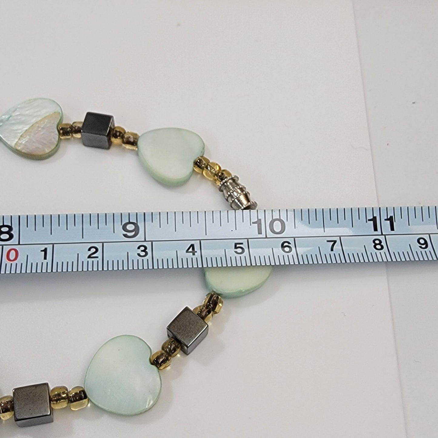 Mother Of Pearl Hearts & Hematite Cubes Beaded Necklace