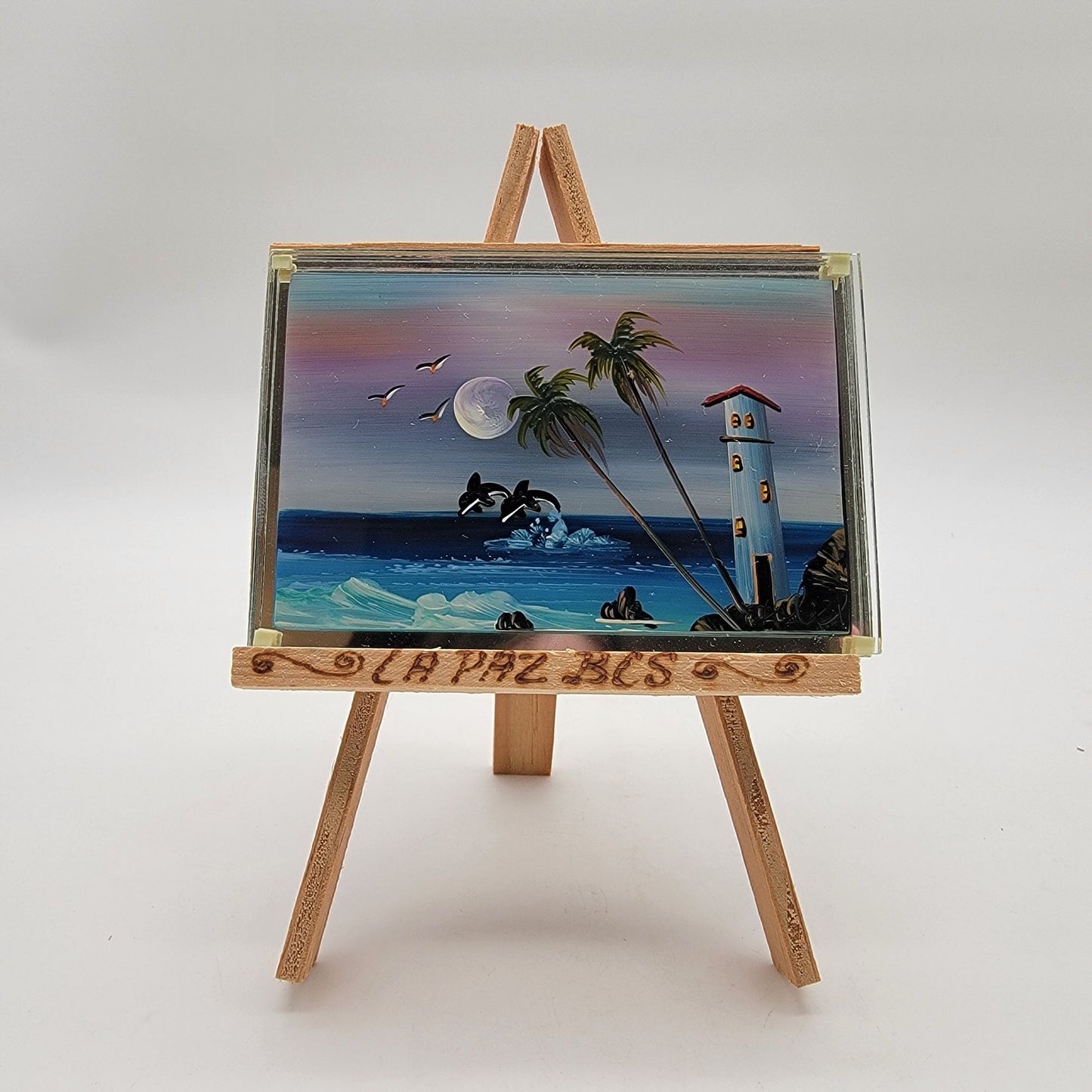 Miniature Original Painting of Dolphins in Ocean on Glass La Paz BCS Souvenir Art