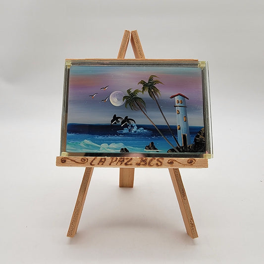 Miniature Original Painting of Dolphins in Ocean on Glass La Paz BCS Souvenir Art