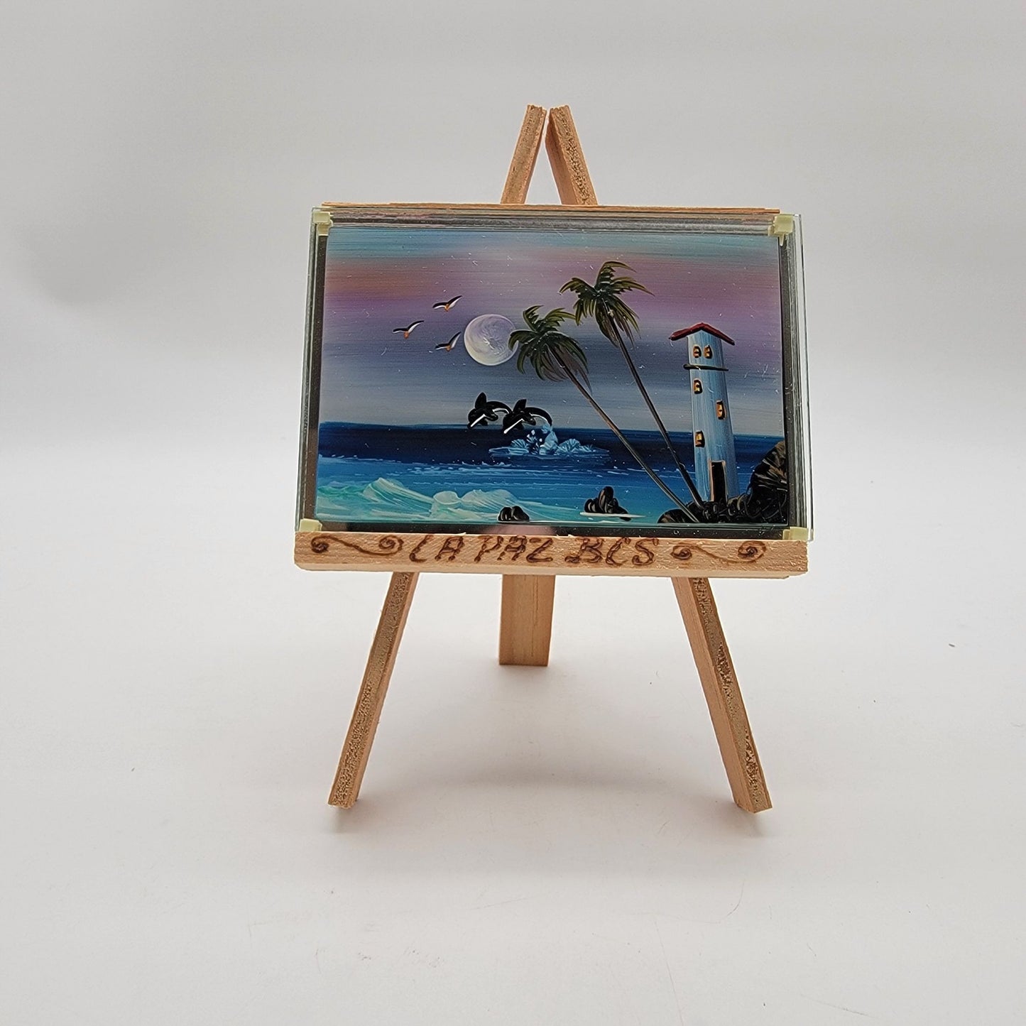 Miniature Original Painting of Dolphins in Ocean on Glass La Paz BCS Souvenir Art