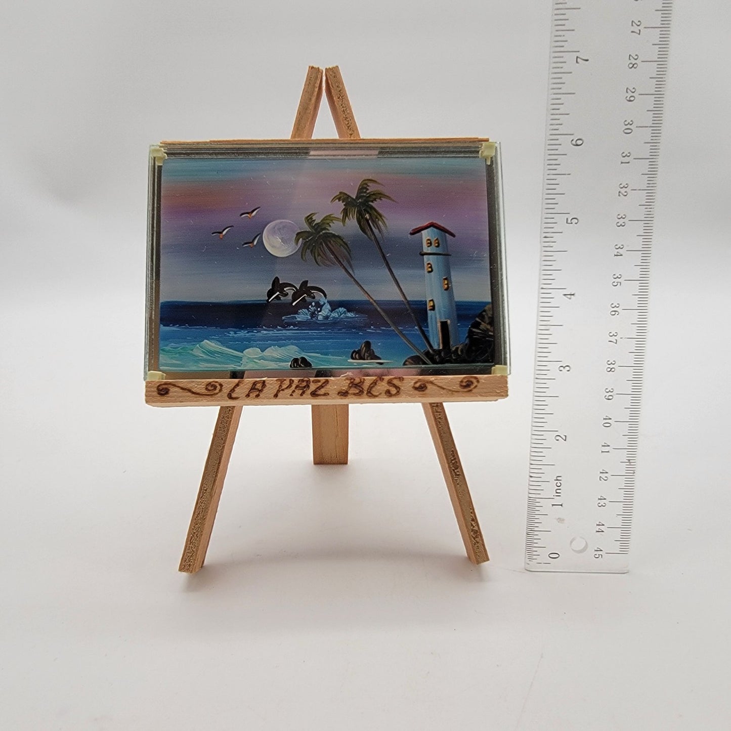 Miniature Original Painting of Dolphins in Ocean on Glass La Paz BCS Souvenir Art