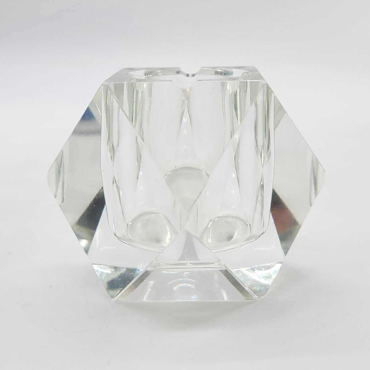 Mid Century Faceted Glass Block Ashtray Candleholder