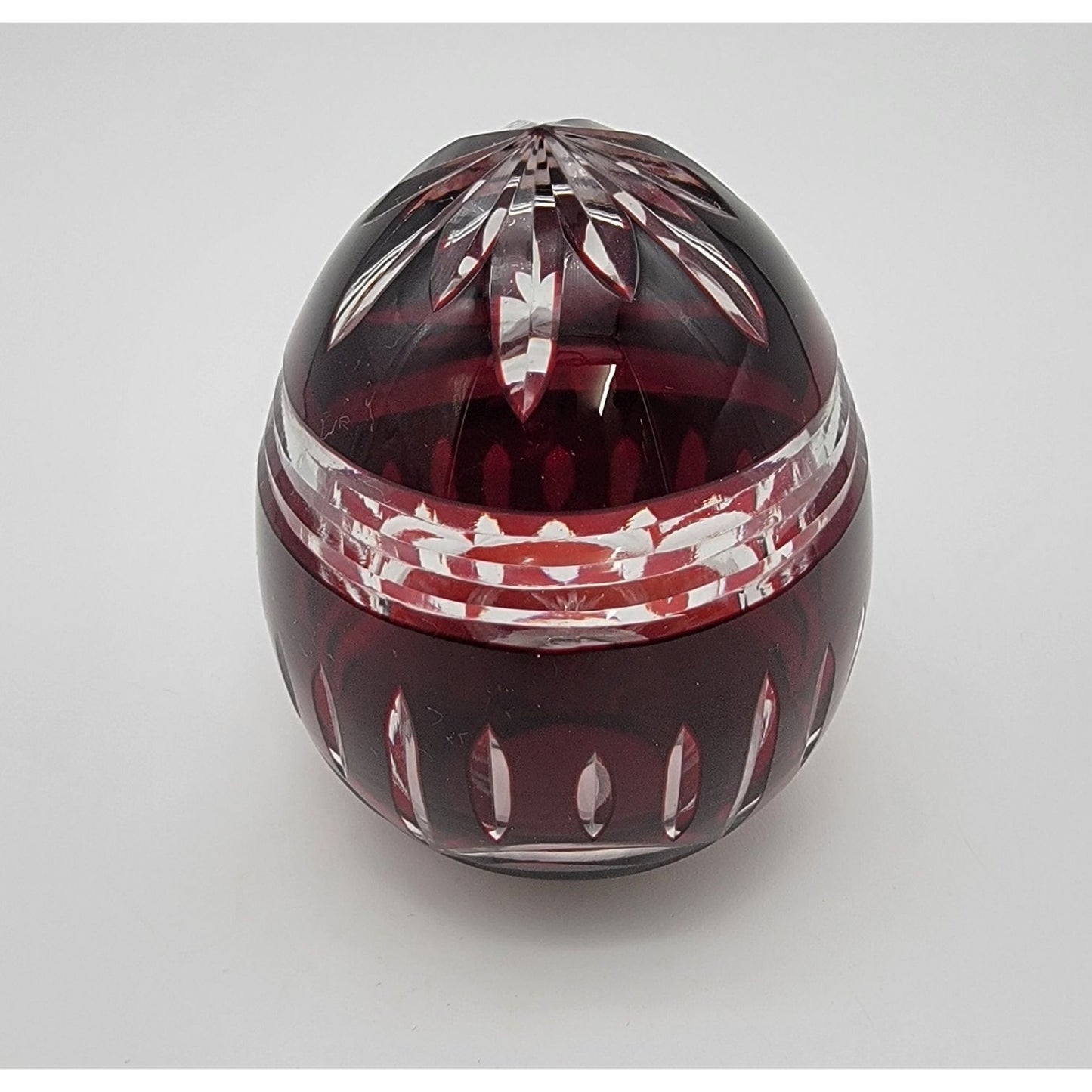 Vintage Ruby Cut To Clear Bohemian Crystal Egg Paperweight