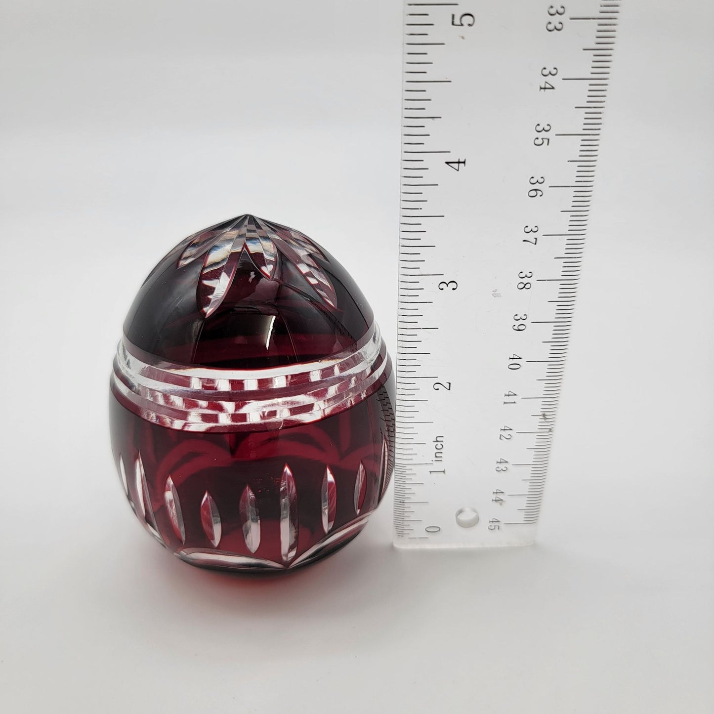 Vintage Ruby Cut To Clear Bohemian Crystal Egg Paperweight