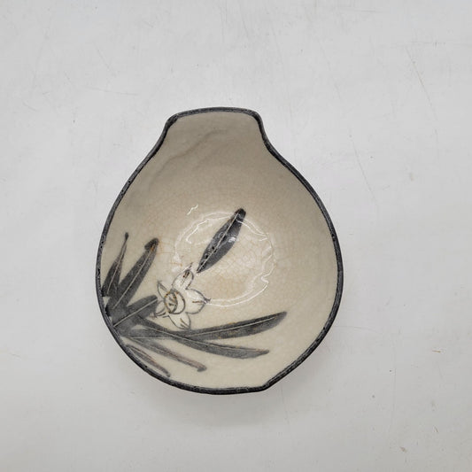 Handcrafted Pottery Sauce Dish With Floral Design Crackle Glaze