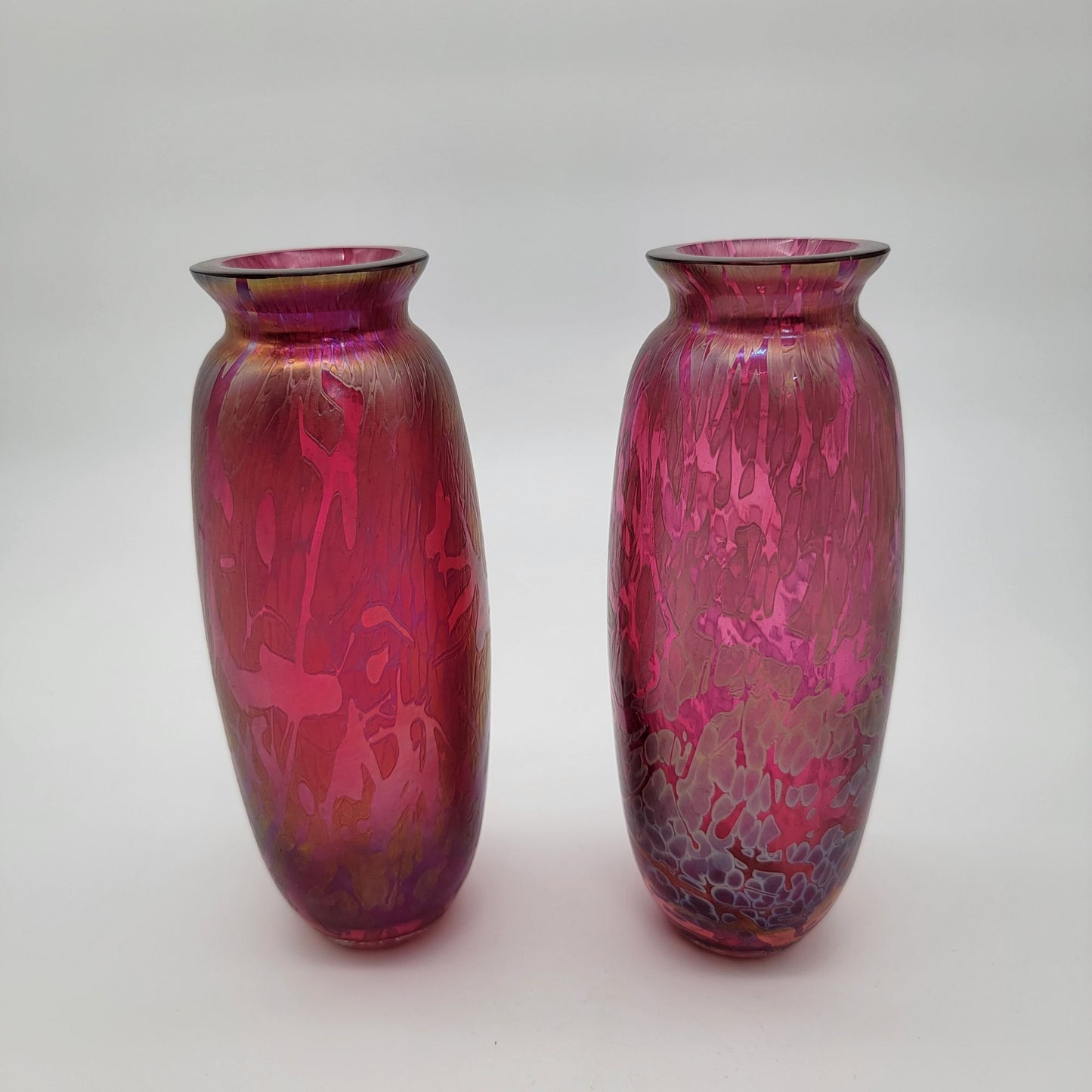 Pair of Vintage Royal Brierley Studio Iridescent Pink Art Glass Vase