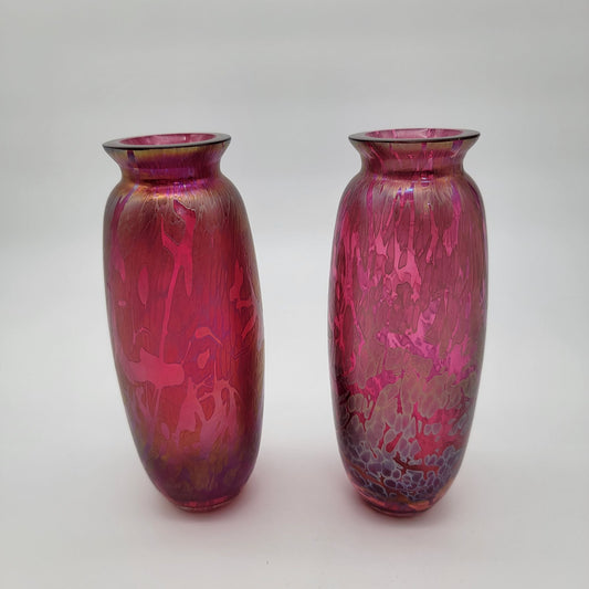 Pair of Vintage Royal Brierley Studio Iridescent Pink Art Glass Vase